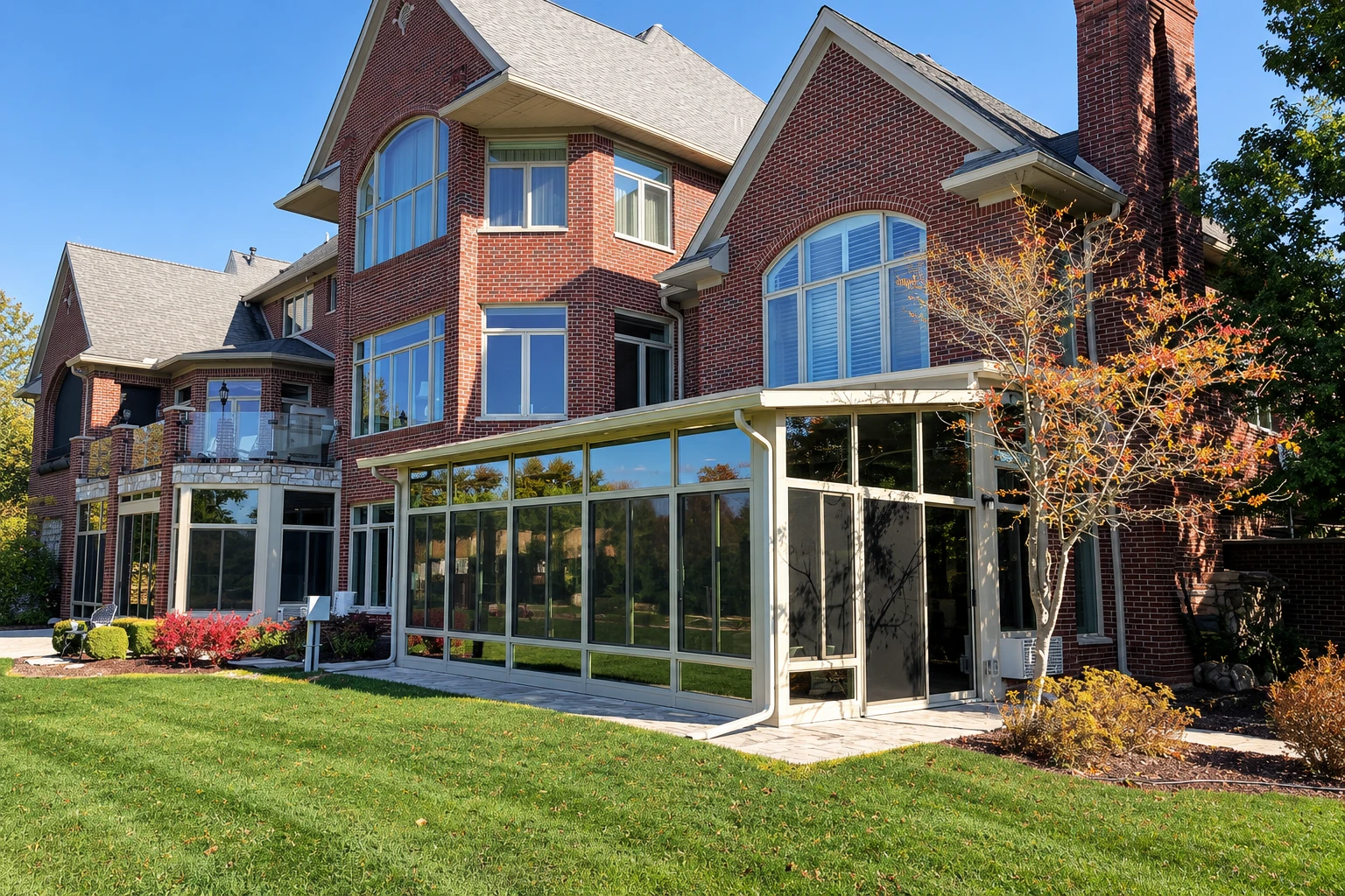 Red-brick house with a large glass-enclosed sunroom, white framing and a lawn in front.
