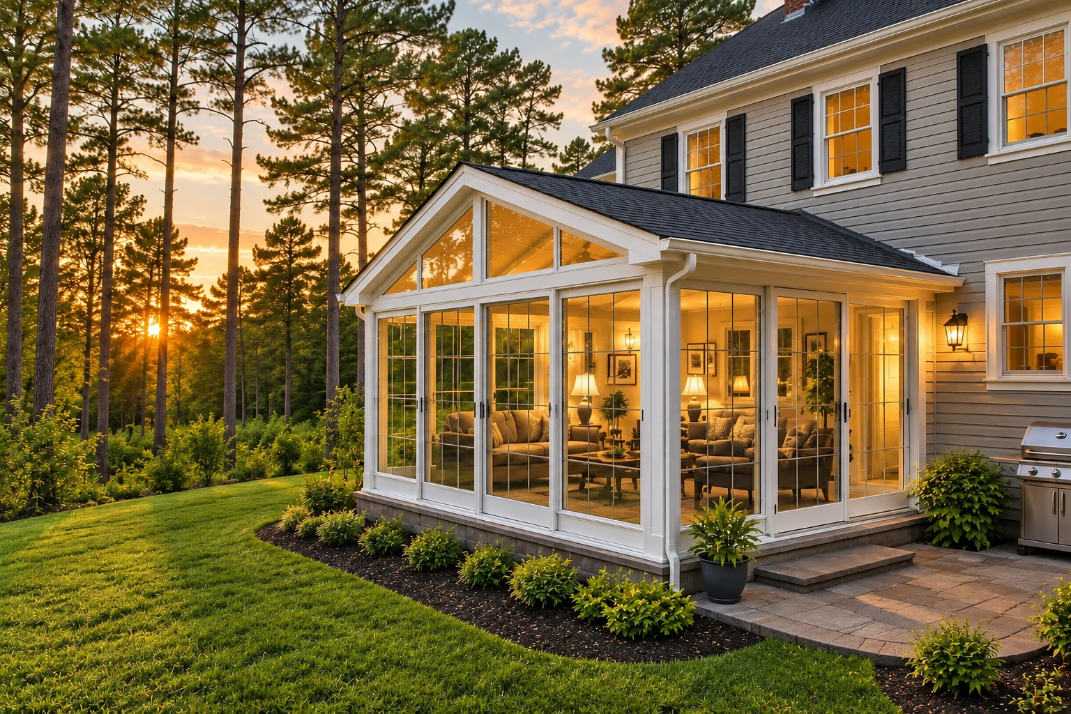 Custom glass sunroom with a peaked roof glowing at sunset beside a wooded yard.