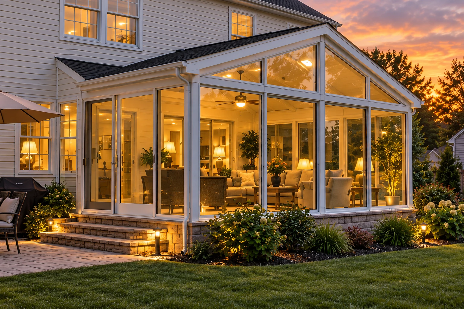 A glass sunroom addition with a peaked roof glows at sunset beside a landscaped yard.