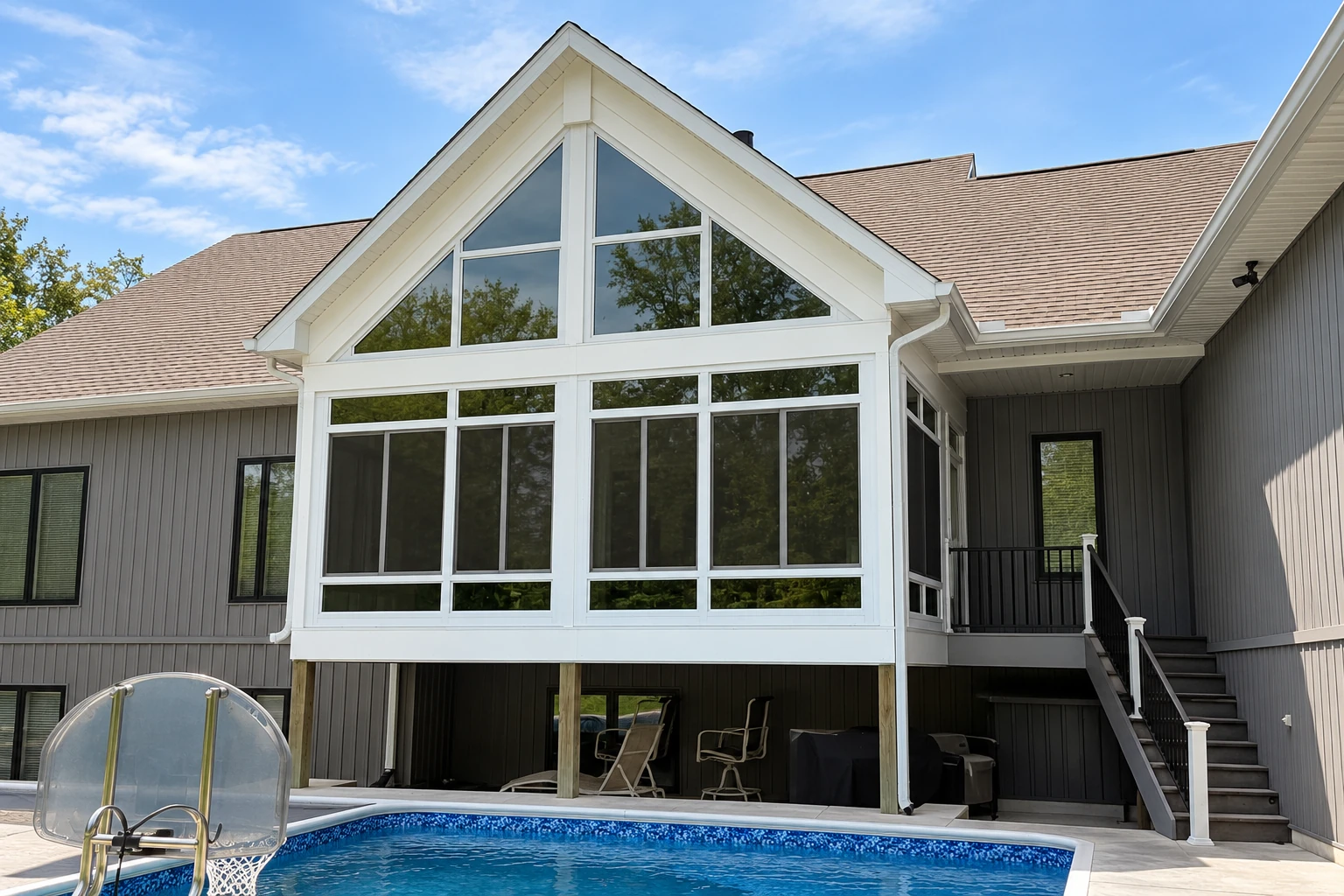 White-framed, gable-roofed sunroom addition on a gray house, overlooking a backyard pool.