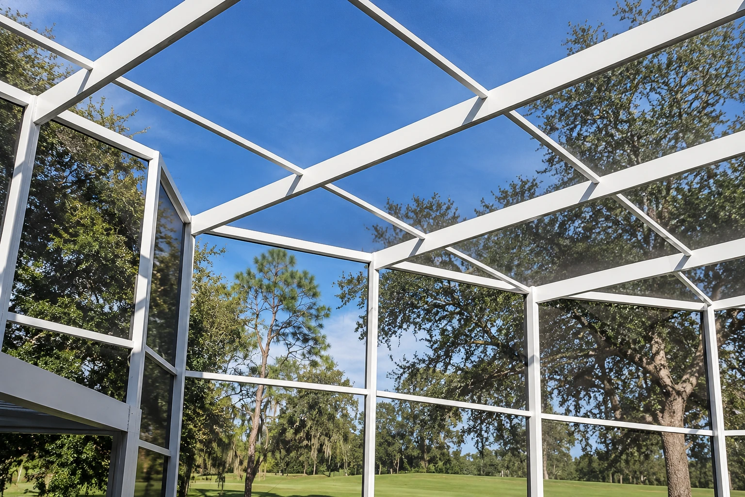 White-framed patio enclosure with screened walls and roof, looking out to blue sky and trees.