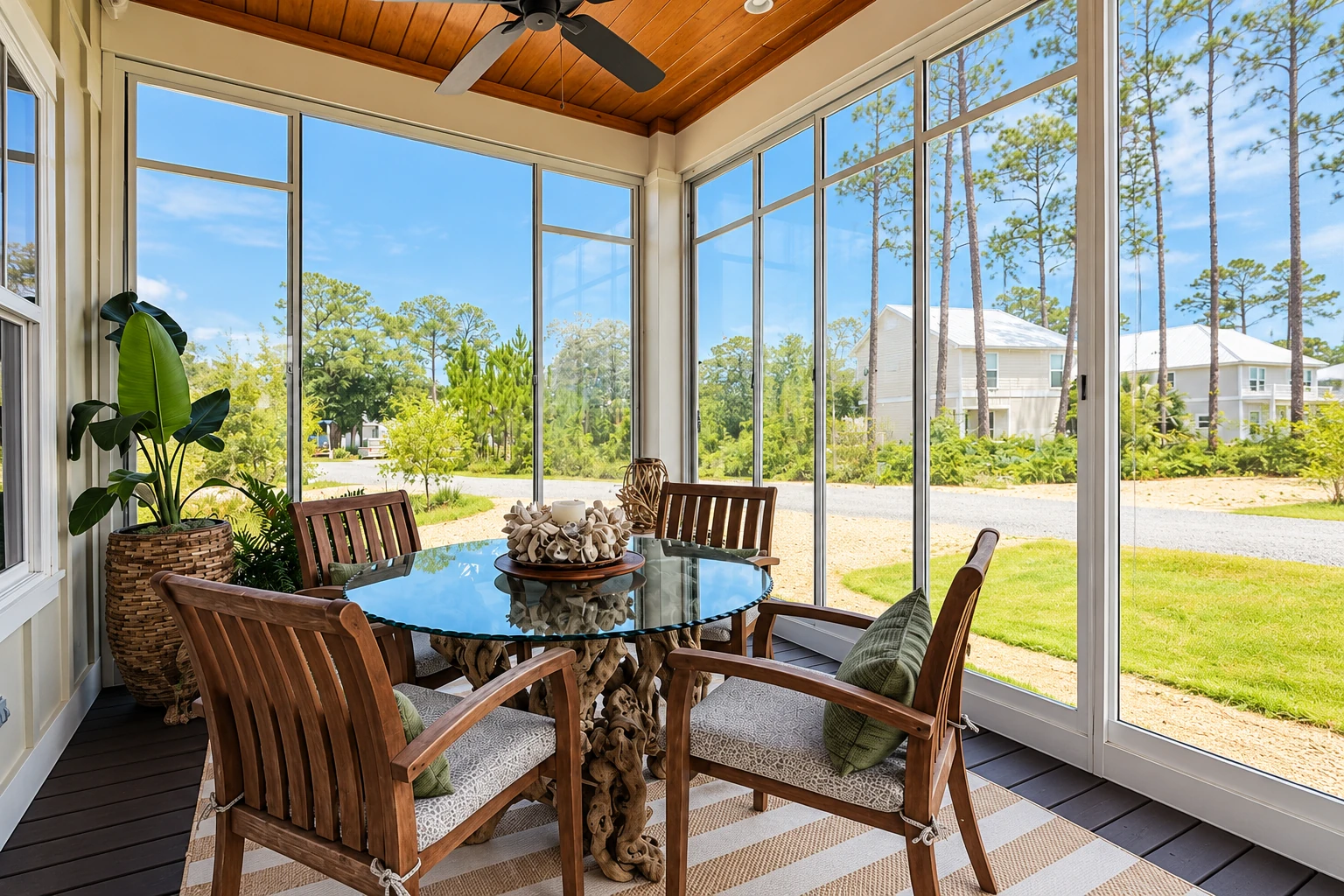 Enclosed patio room with tall windows, a wood ceiling and dining set overlooking a sunny yard.