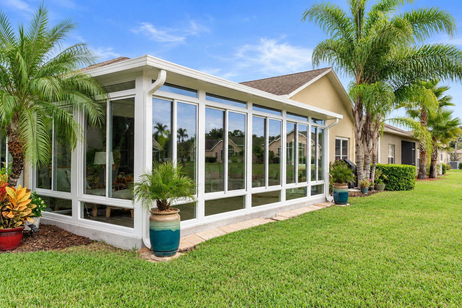 White-framed four-season sunroom with tall glass windows beside a lawn and palm trees.
