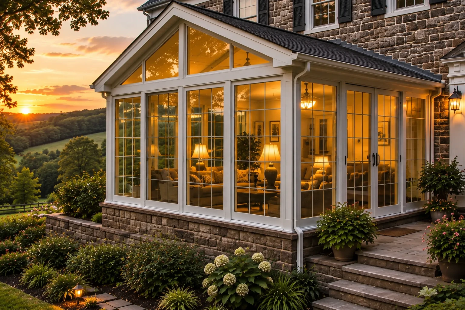Four-season sunroom with white-framed windows, glowing warmly at sunset beside a stone house.