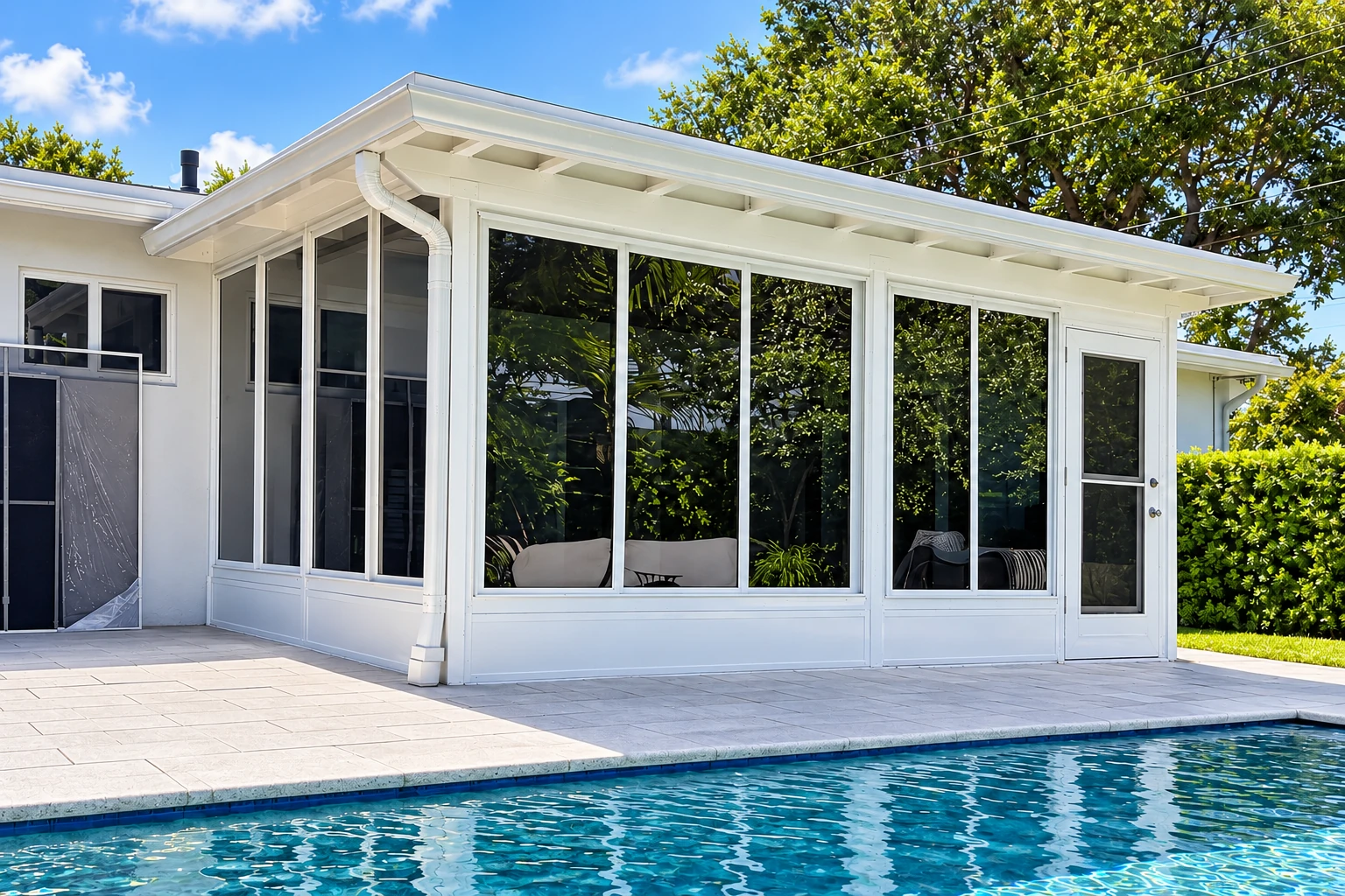 White patio cover enclosing a glass-walled room beside a swimming pool.