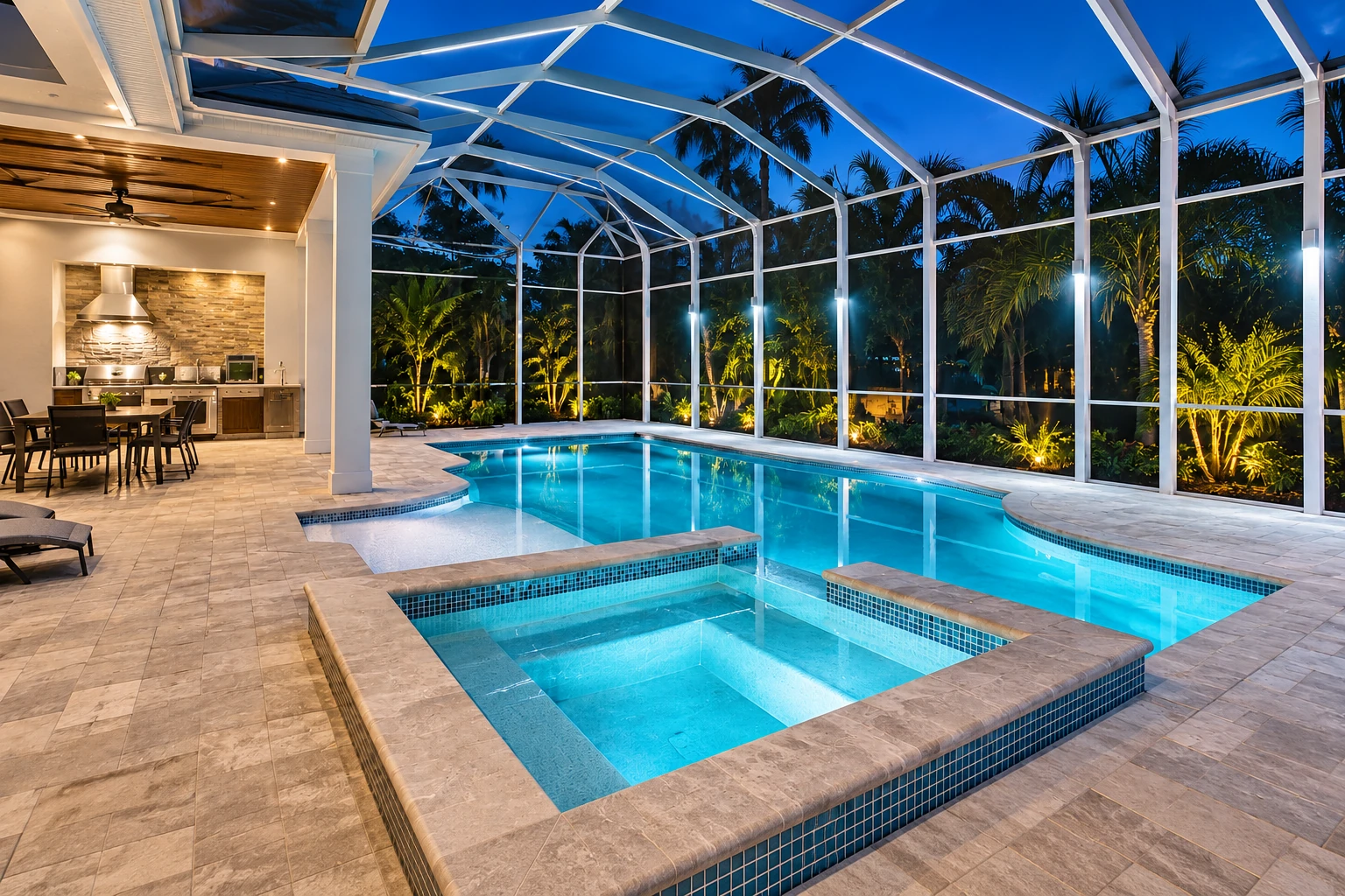 Screened patio enclosure surrounding a lit swimming pool and spa at night.