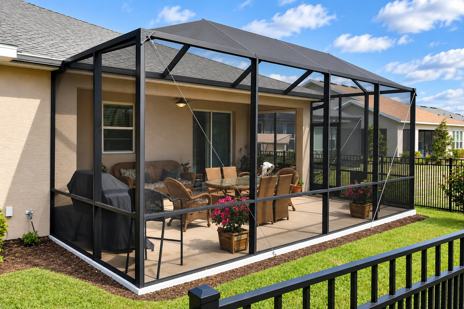 Patio enclosure with black framing and screened walls, furnished with wicker chairs and a dining table beside a house.