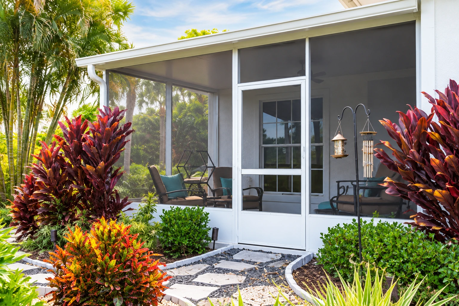 A screened patio enclosure with white framing, outdoor chairs, and a garden path bordered by tropical plants.