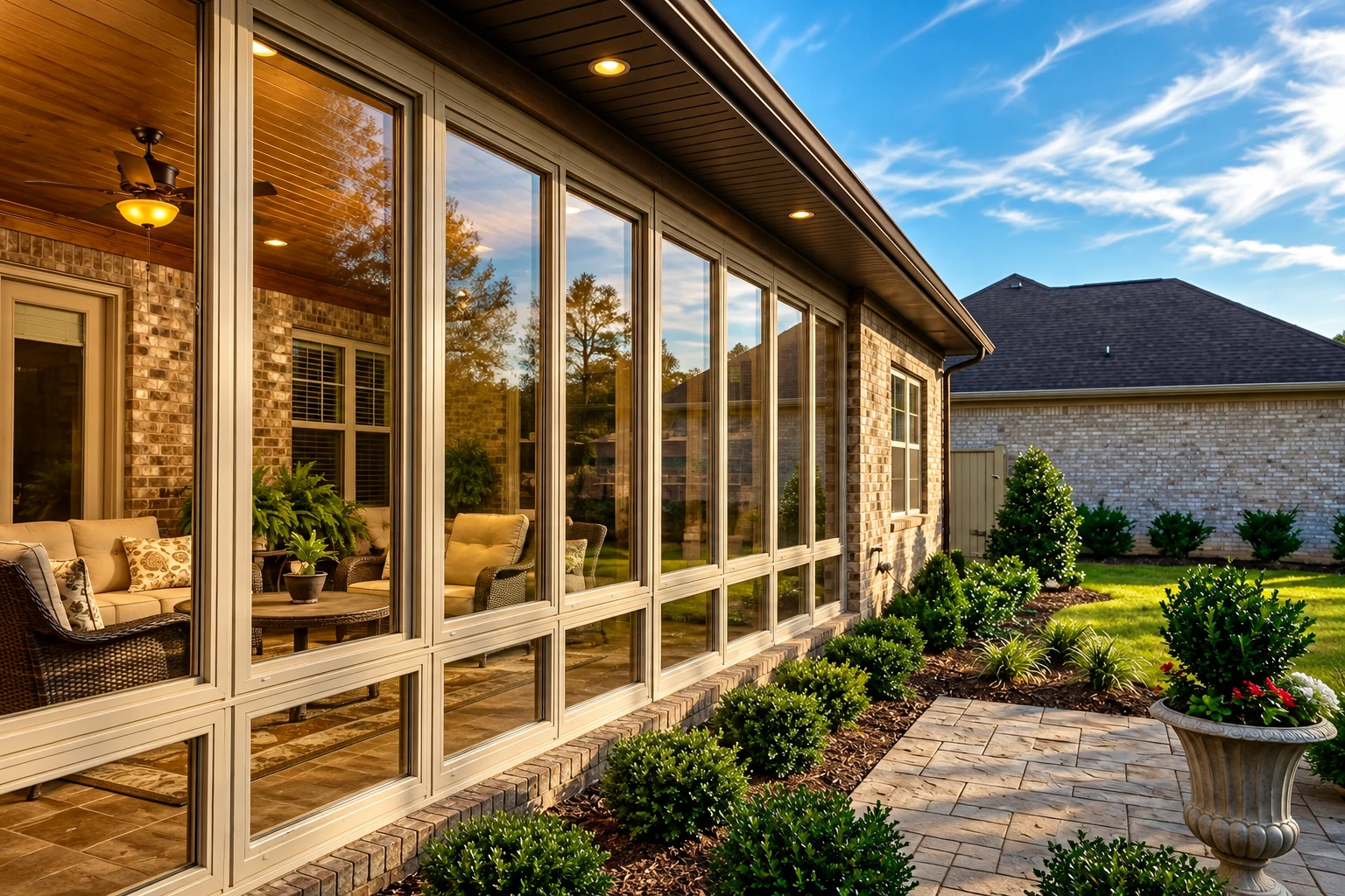 Enclosed patio with tall framed glass windows along a brick house, opening onto a landscaped stone walkway.