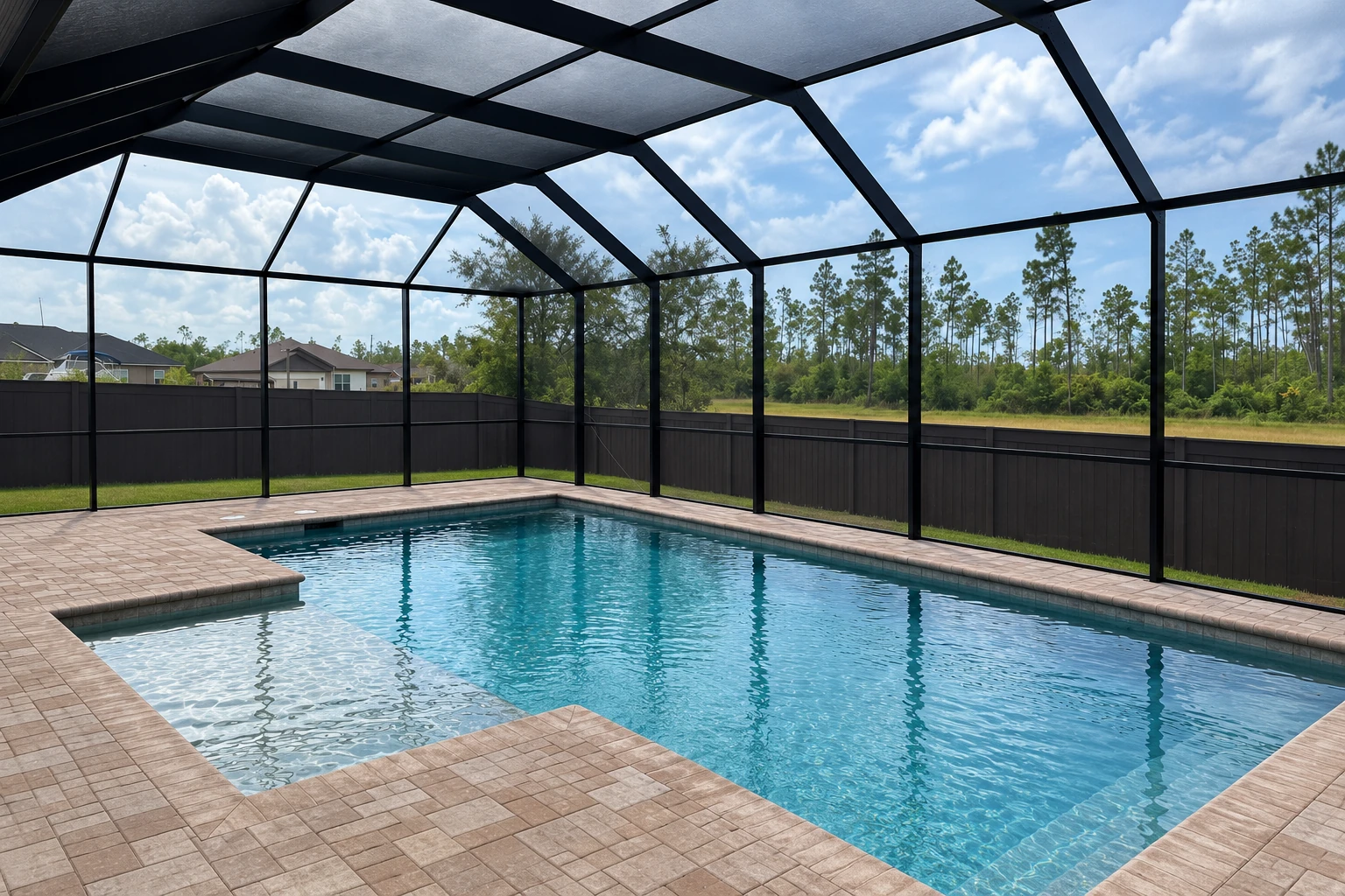 Screen room enclosure around a backyard pool, with black framing and mesh roof panels above a brick-paved deck.