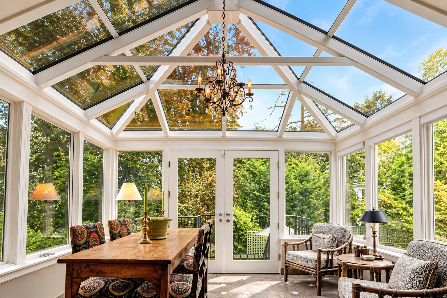 Bright solarium with a glass-panel roof, chandelier, dining table and chairs overlooking greenery.