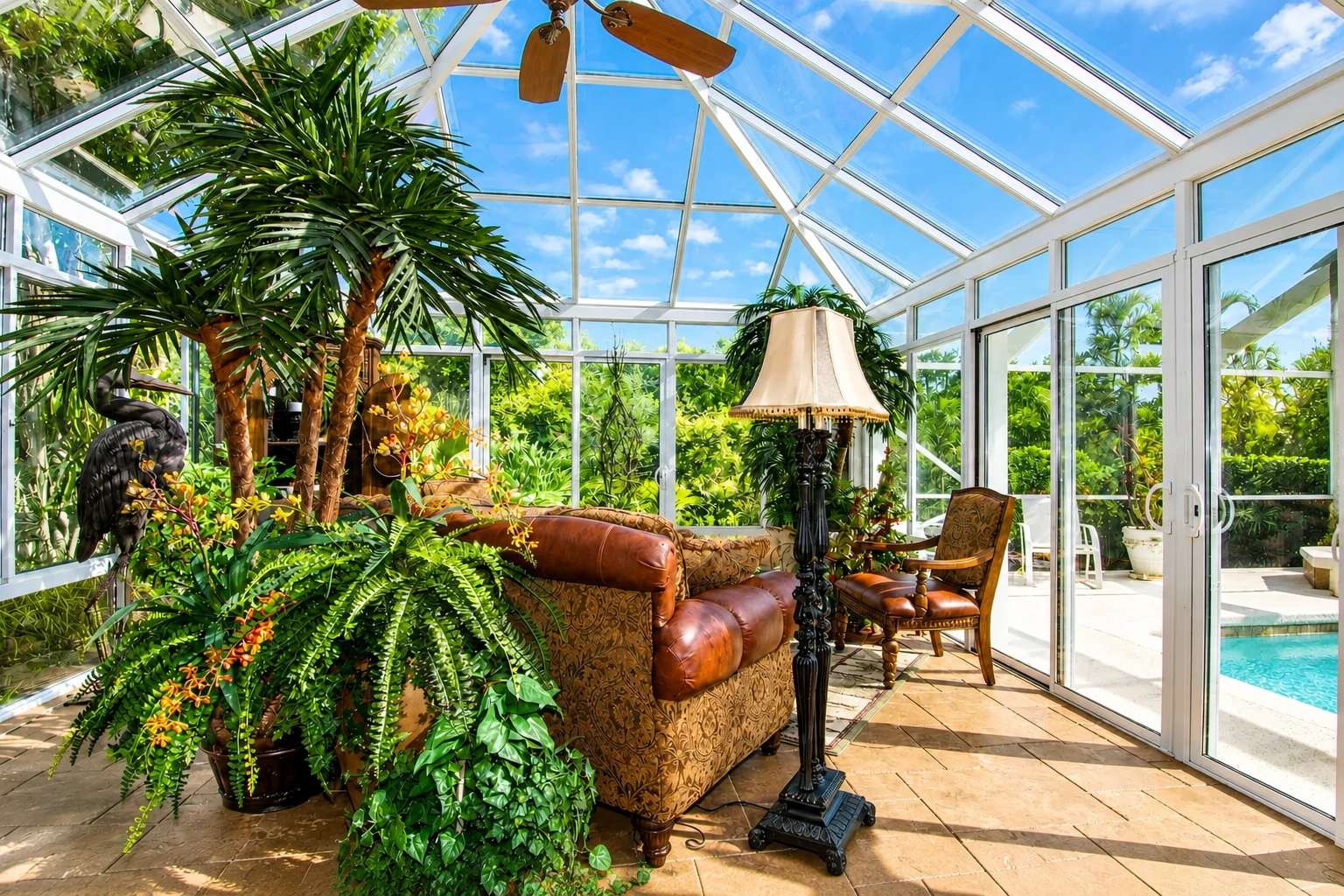 Glass-roofed solarium filled with tropical plants, with leather seating and a view of a pool.
