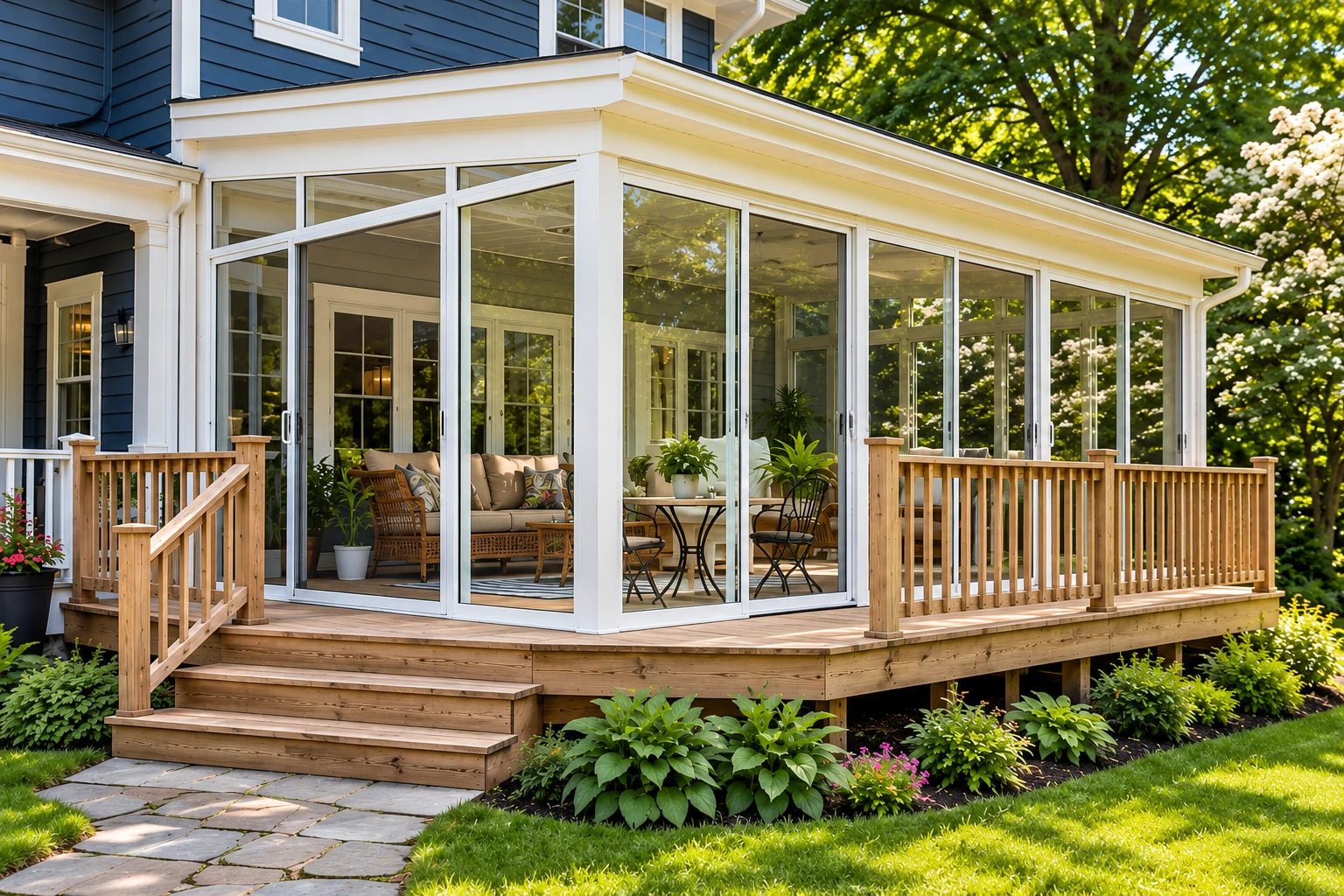 Glass sunroom addition with white framing and a raised wooden deck attached to a blue-sided house.