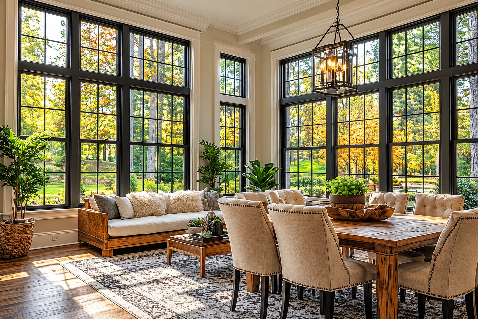 Sunroom addition with tall black-framed windows, a wood dining table, cream chairs, and autumn trees outside.