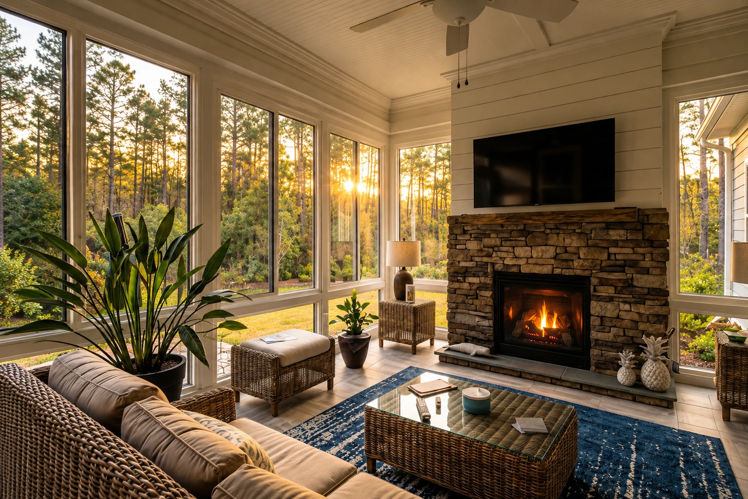 A furnished sunroom with tall windows, a stone fireplace, and sunset light over trees outside.