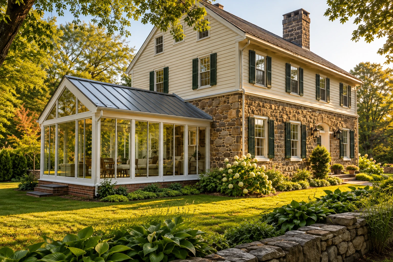 Sunroom addition with white-framed glass walls and a peaked metal roof, attached to a stone-and-siding house.