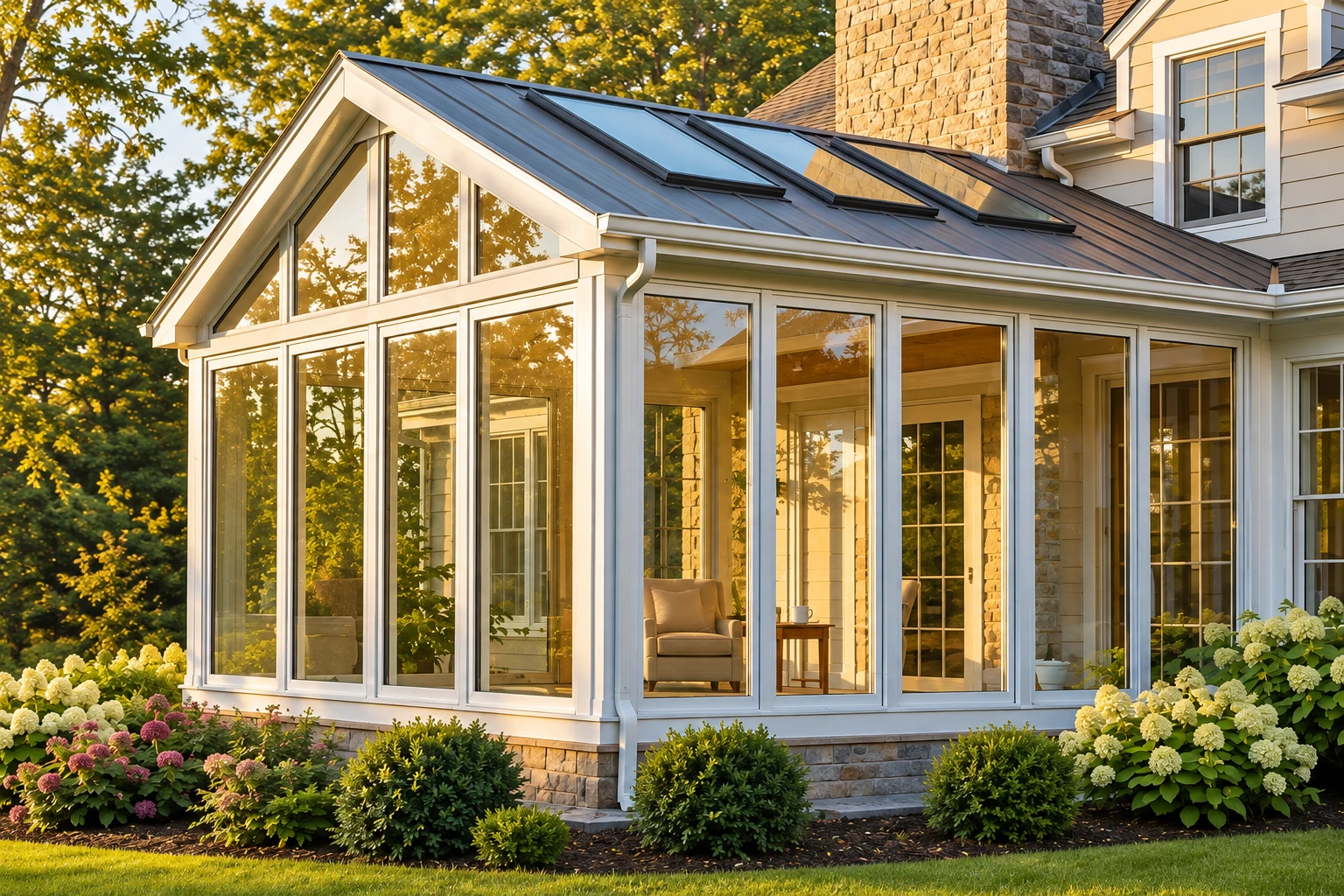 Custom sunroom with tall windows, a peaked roof and surrounding garden at sunset.