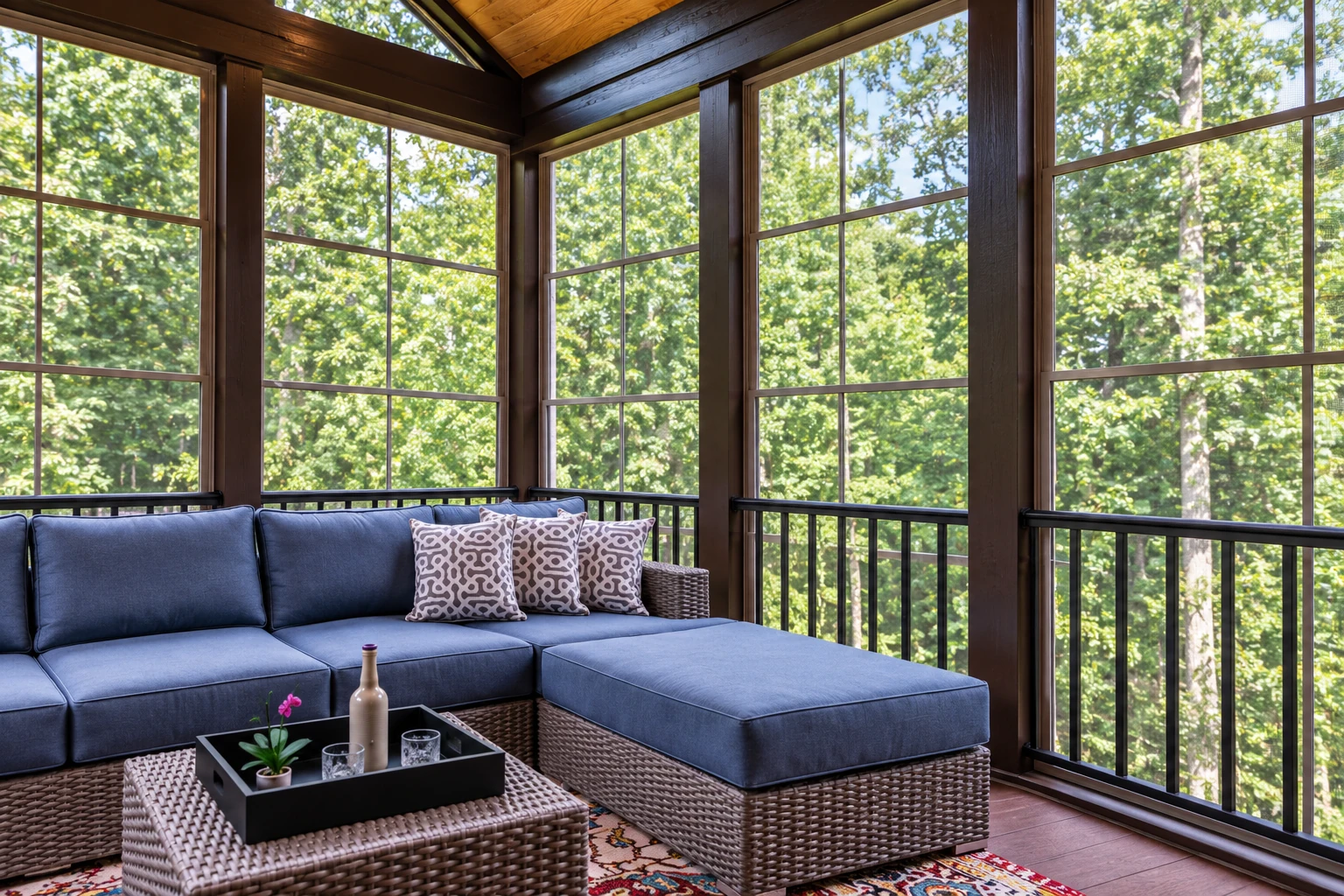 Sunroom with dark wood framing, expansive windows, and a blue sectional facing a low wicker coffee table.