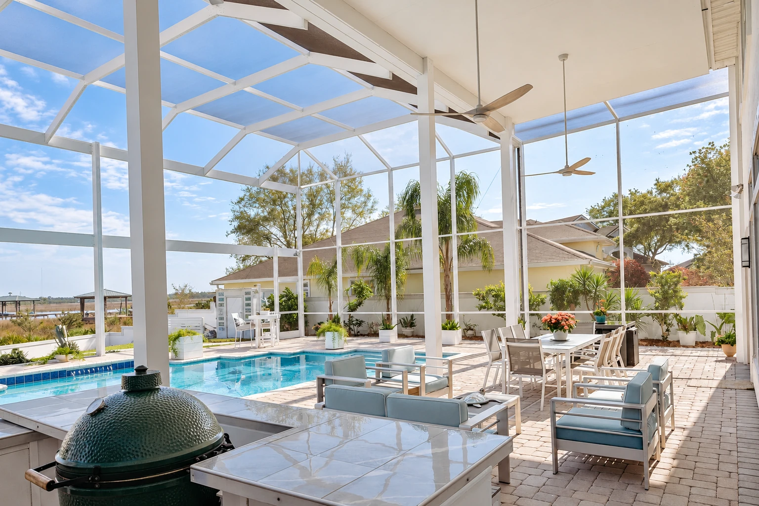 A bright patio enclosure with a white frame, pool, outdoor dining set, and built-in grill.