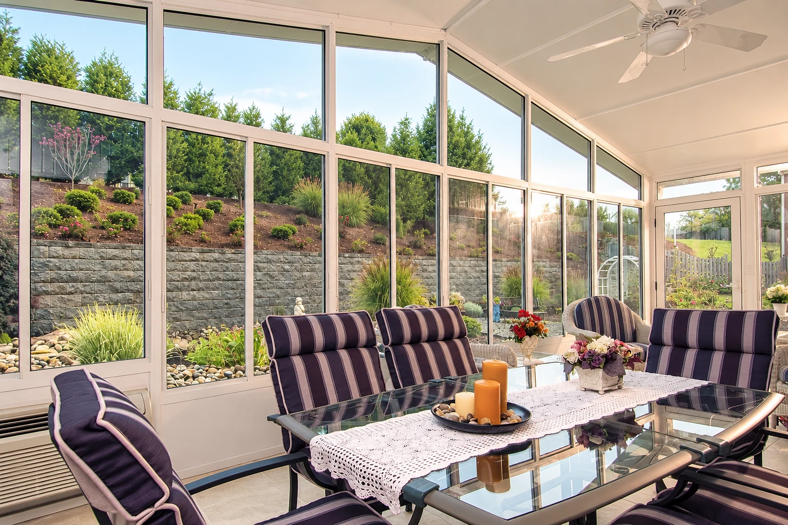 Remodeled sunroom with white-framed windows, striped lounge chairs, and a glass dining table overlooking a landscaped yard.