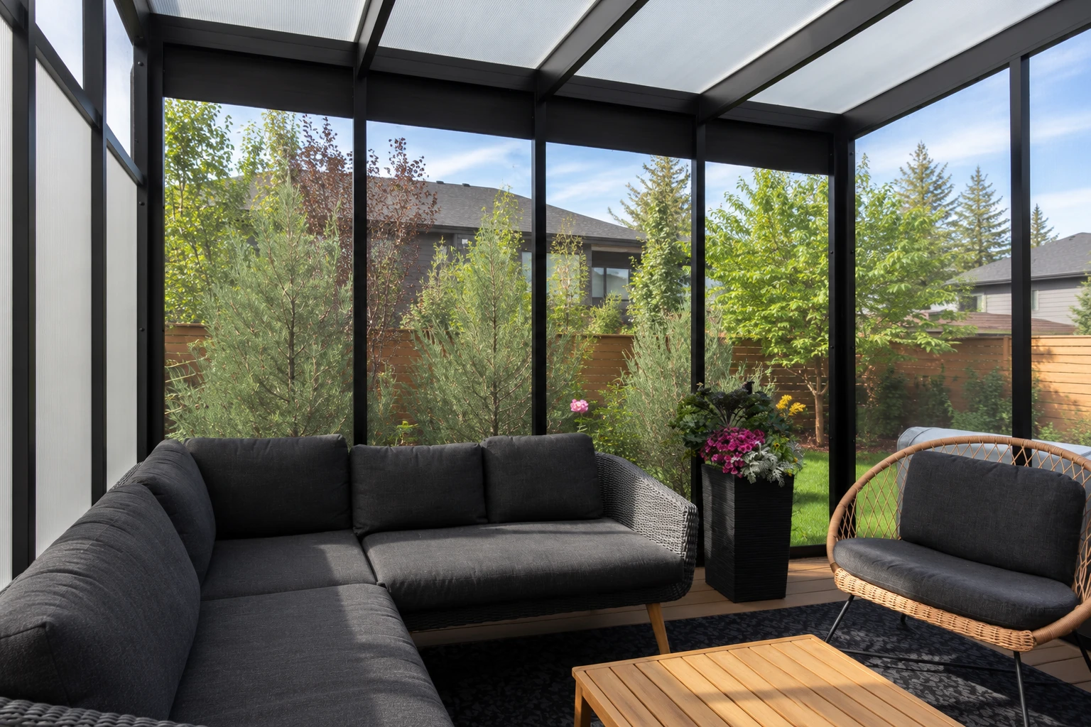 Three-season sunroom with dark-framed walls and translucent roof, furnished with a charcoal sectional and wicker chair.