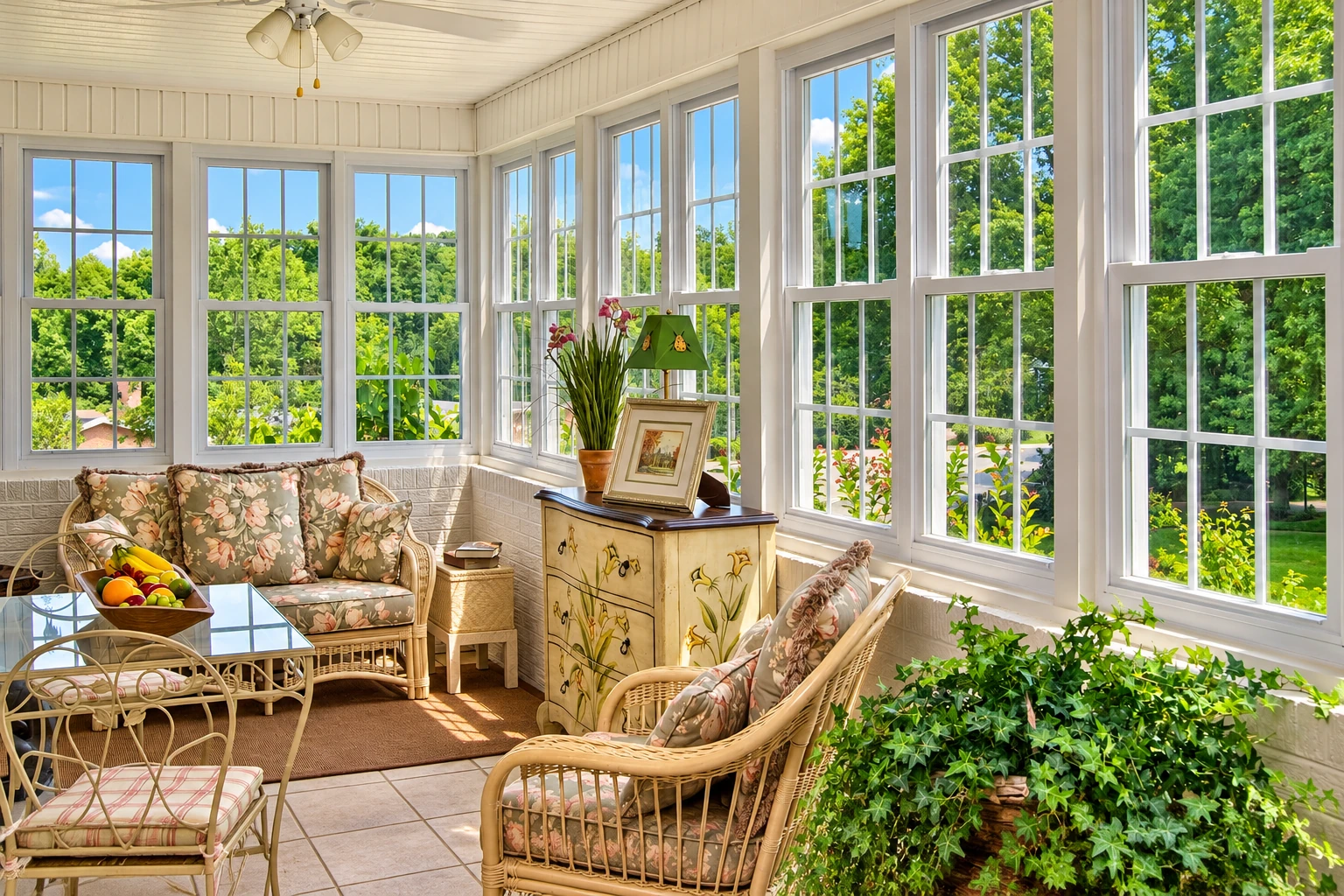 Bright vinyl sunroom with white-framed windows, floral wicker seating, and leafy trees visible outside.